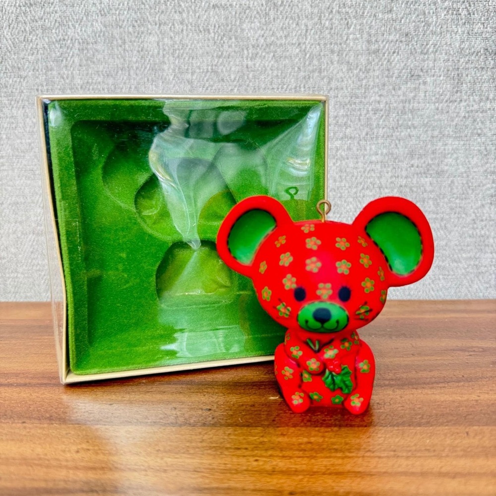 Vintage 1978 Hallmark Tree-Trimmer Collection Red Floral Mouse Ornament Boxed
